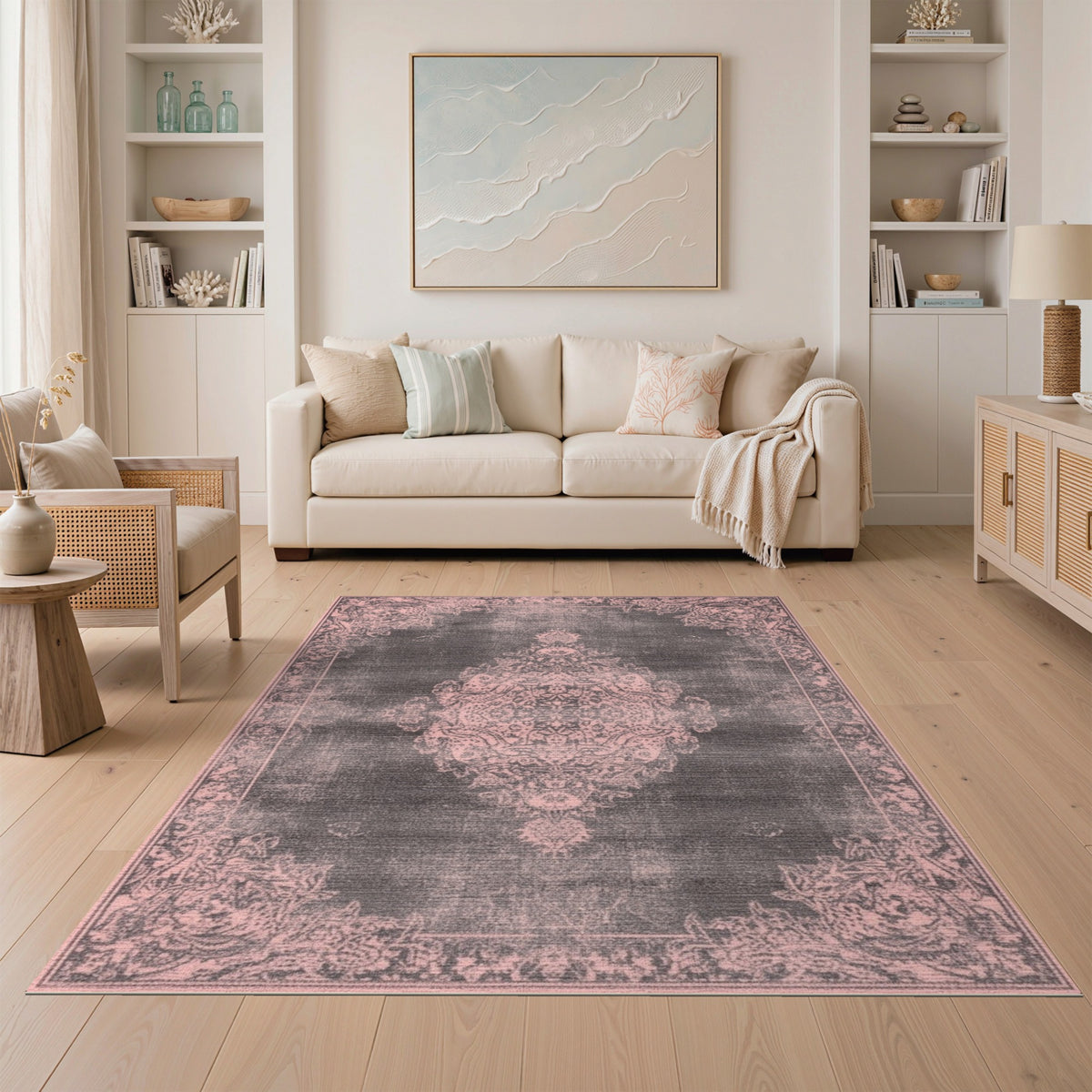 Pink Distressed Vintage Medallion Area Rug