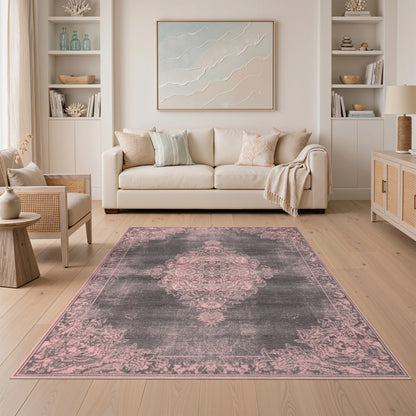 Pink Distressed Vintage Medallion Area Rug