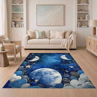 Celestial Moonlit Sky Blue Area Rug