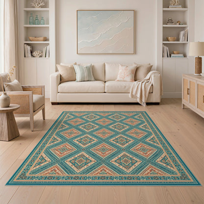 Teal Coral Diamond Lattice Area Rug