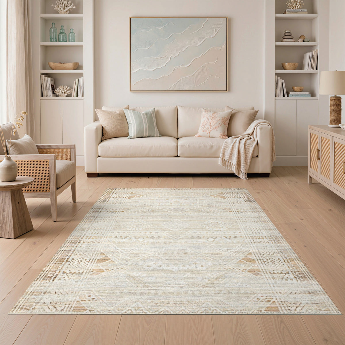 Beige Geometric Distressed Area Rug