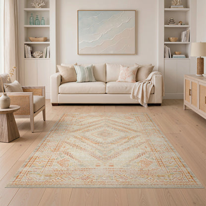 Beige Distressed Geometric Medallion Area Rug