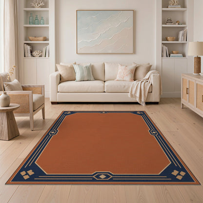 Terracotta Orange Navy Geometric Border Rug