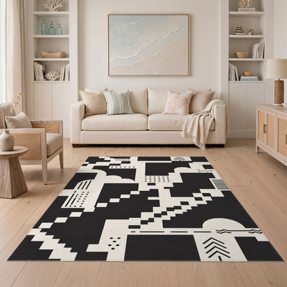 Black White Geometric Pixel Area Rug