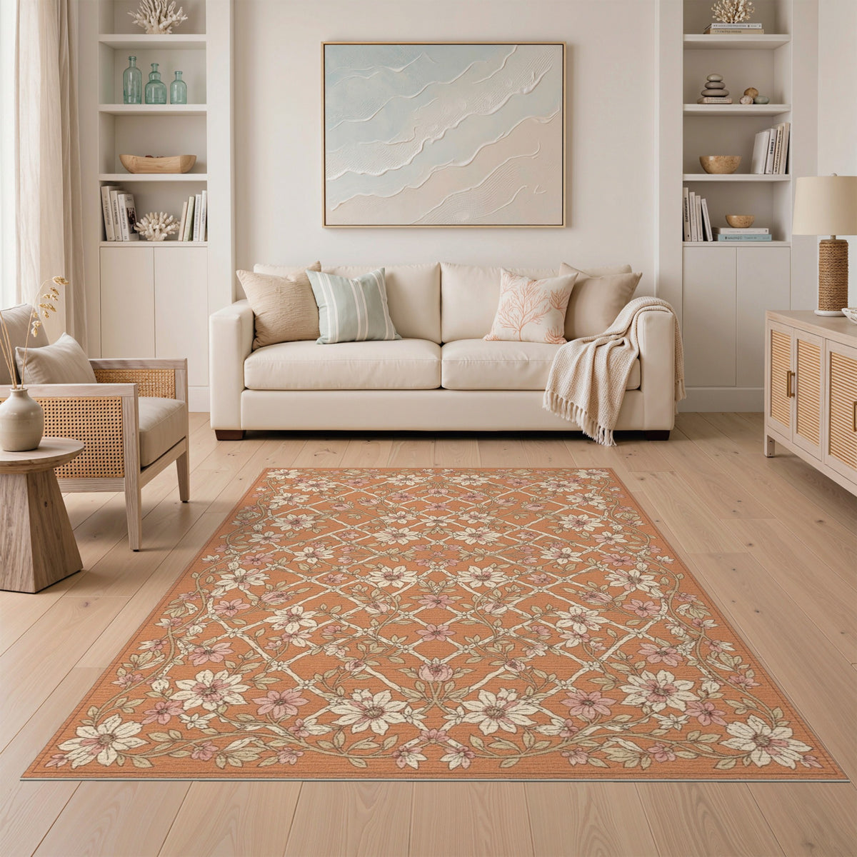 Orange Floral Lattice Vintage Area Rug