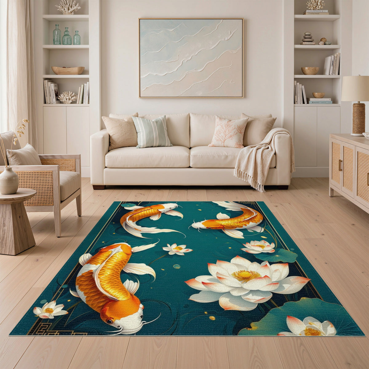 Floral Vintage Teal Koi Lotus Washable Area Rug