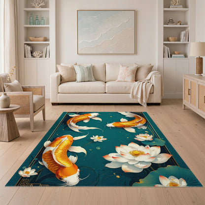 Floral Vintage Teal Koi Lotus Washable Area Rug