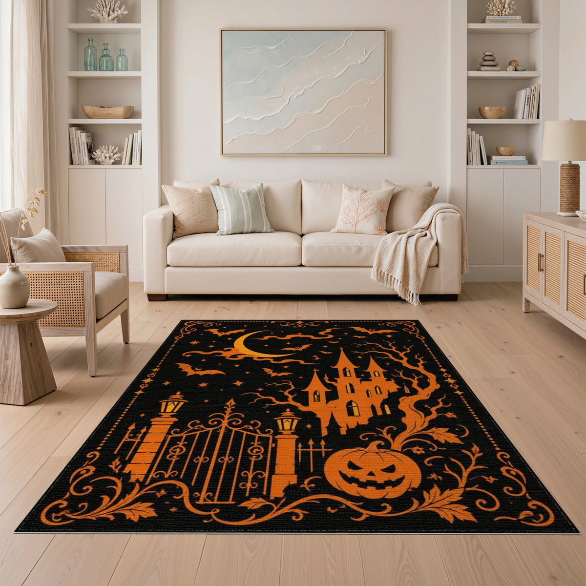 Haunted Castle Halloween Orange Washable Area Rug