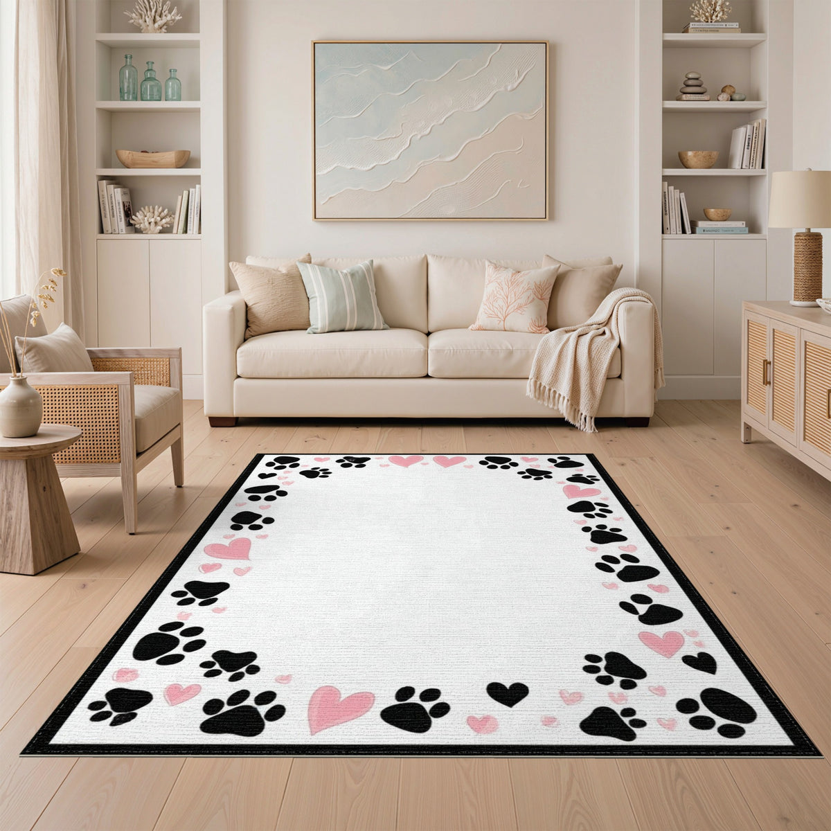 Black Paw Print Pink Heart Kids Rug