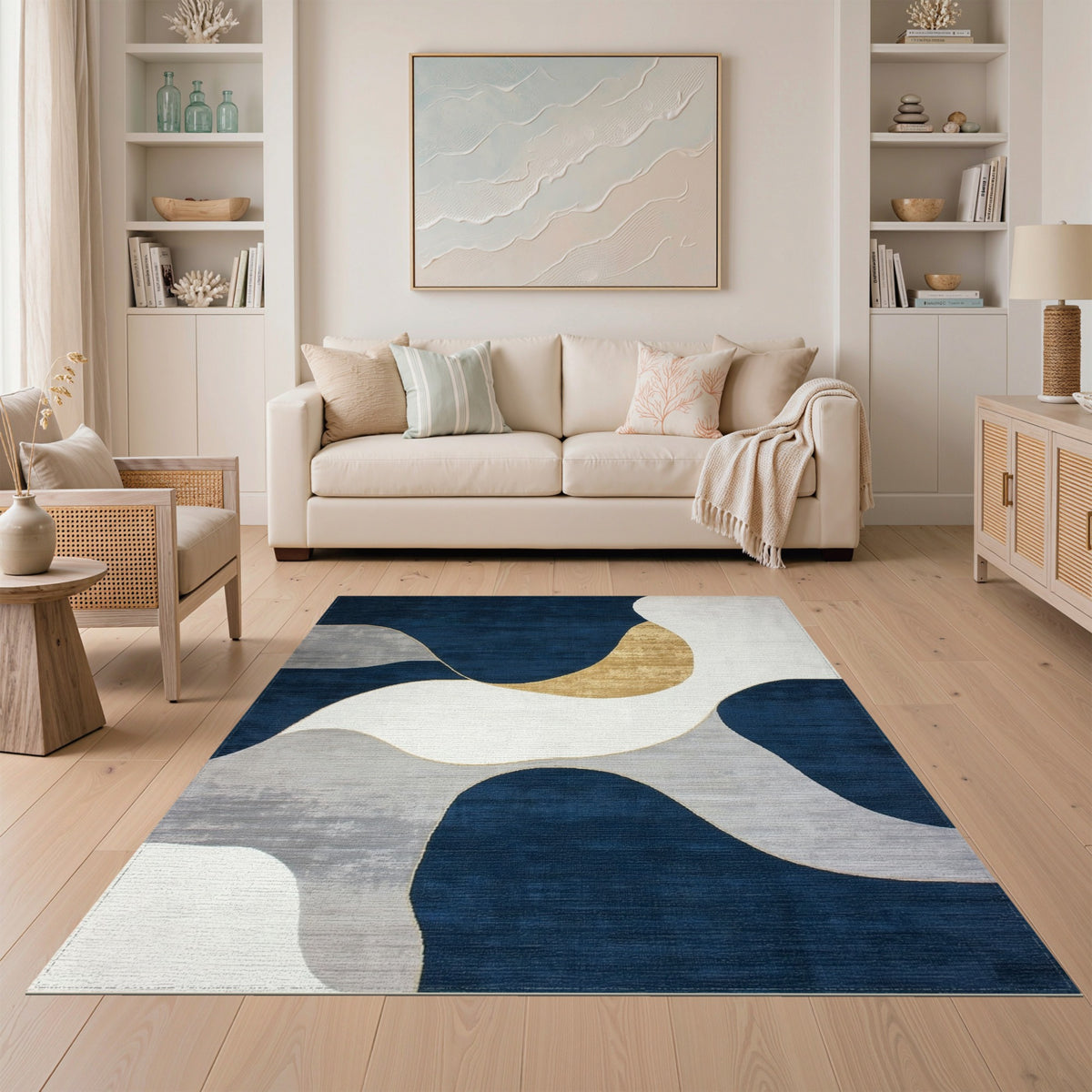 Navy Gold Abstract Wave Area Rug