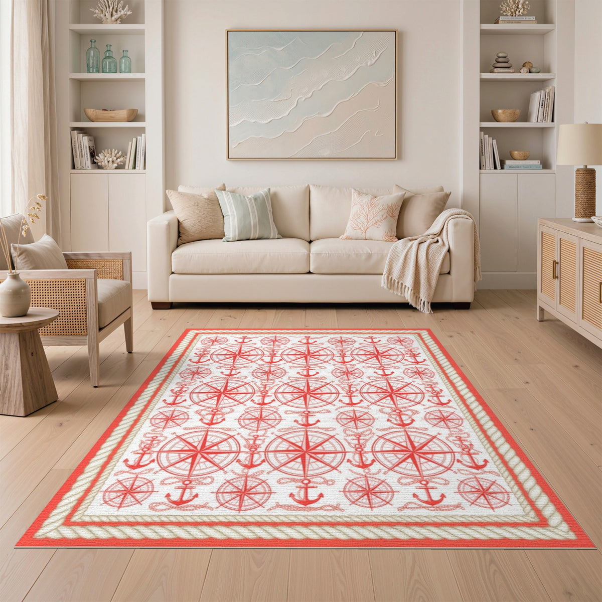 Coastal Beach Red Nautical Anchor Compass Area Rug