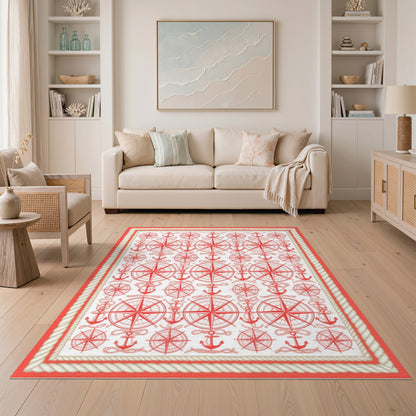 Coastal Beach Red Nautical Anchor Compass Area Rug