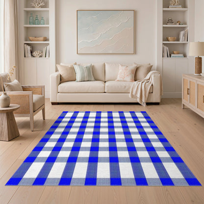 Blue Checkered Washable Geometric Modern Area Rug