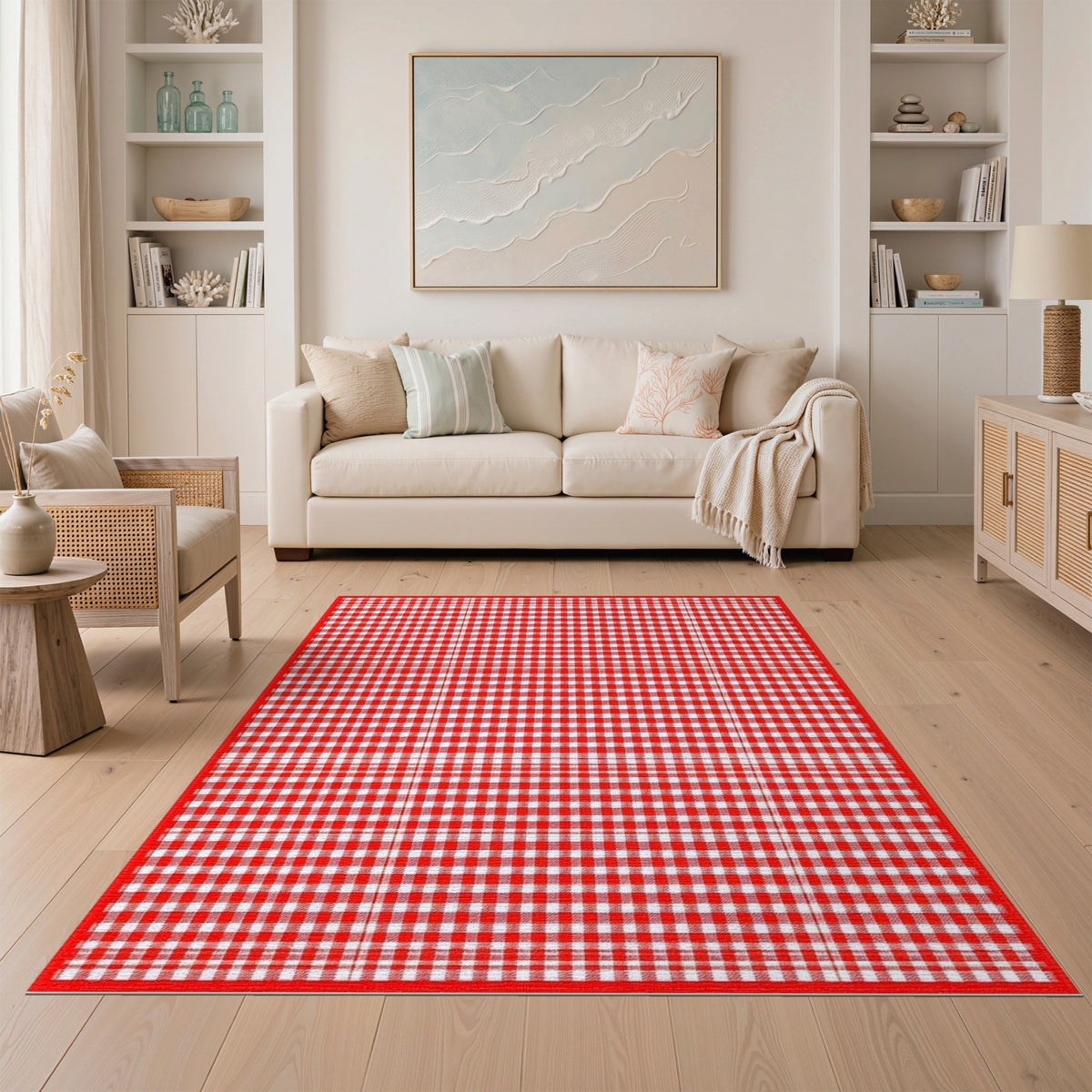Rustic Farmhouse Red Gingham Checkered Washable Area Rug