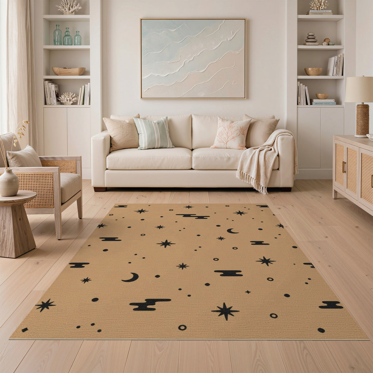 Boho Tan Celestial Area Rug with Stars and Moons