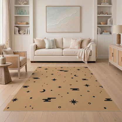 Boho Tan Celestial Area Rug with Stars and Moons