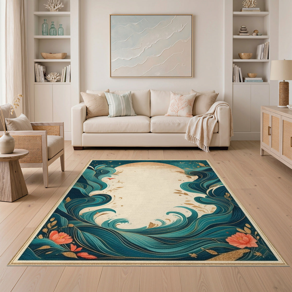 Teal Wave Coastal Floral Area Rug