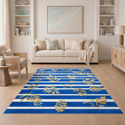 Blue Striped Gold Leaf Washable Area Rug