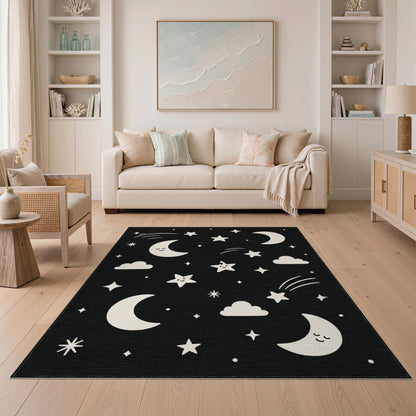 Celestial Moon Stars Kids Washable Area Rug