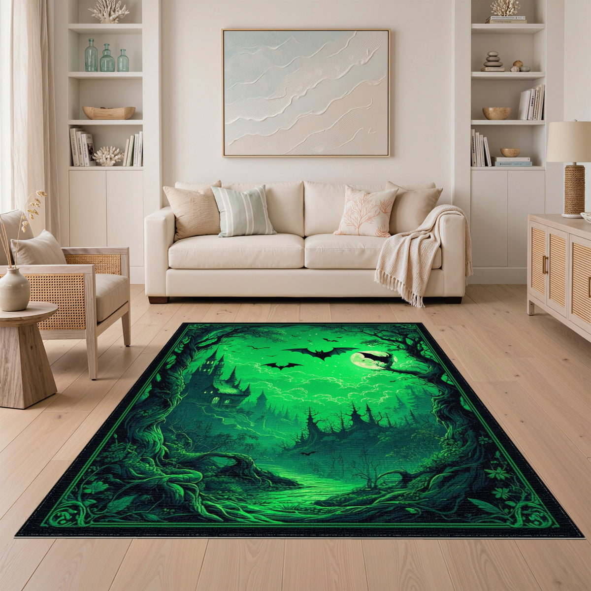 Gothic Green Castle Moonlit Forest Area Rug