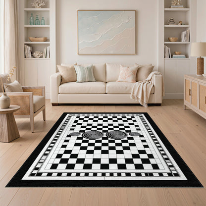 Black White Checkerboard Spiral Area Rug