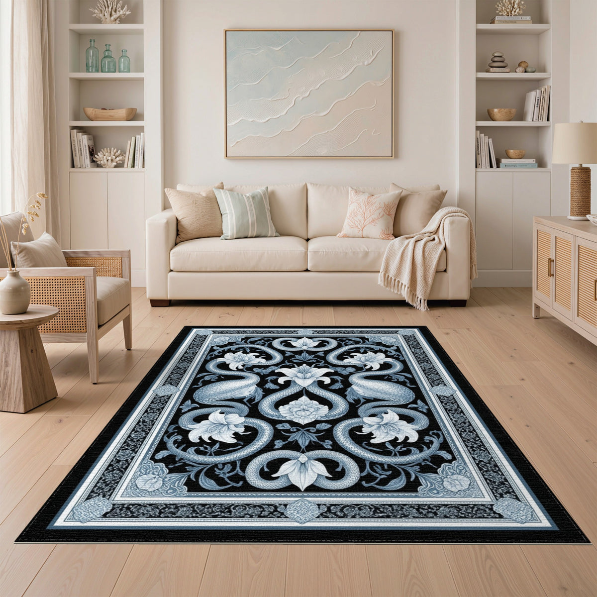 Blue and Teal Blue Serpent Floral Vintage Area Rug