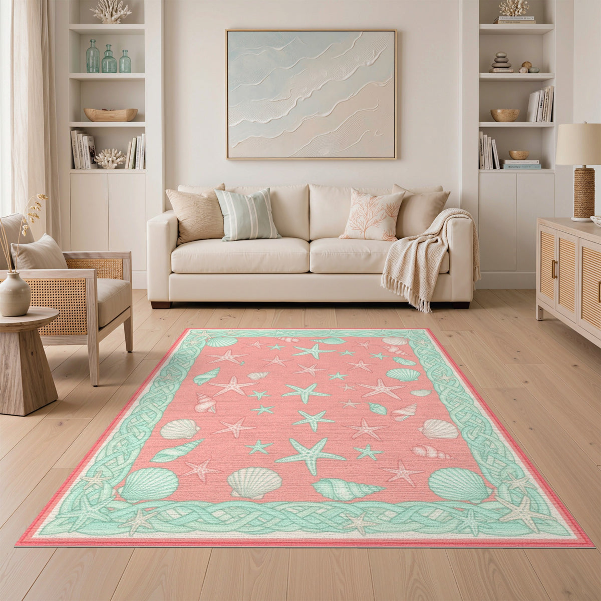Pink Coastal Starfish Seashell Area Rug