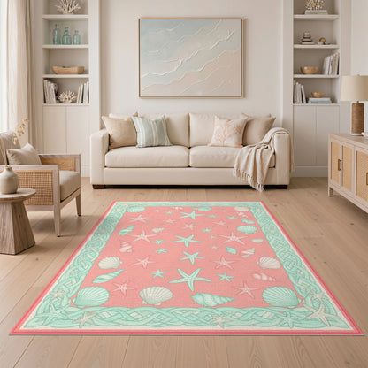 Pink Coastal Starfish Seashell Area Rug