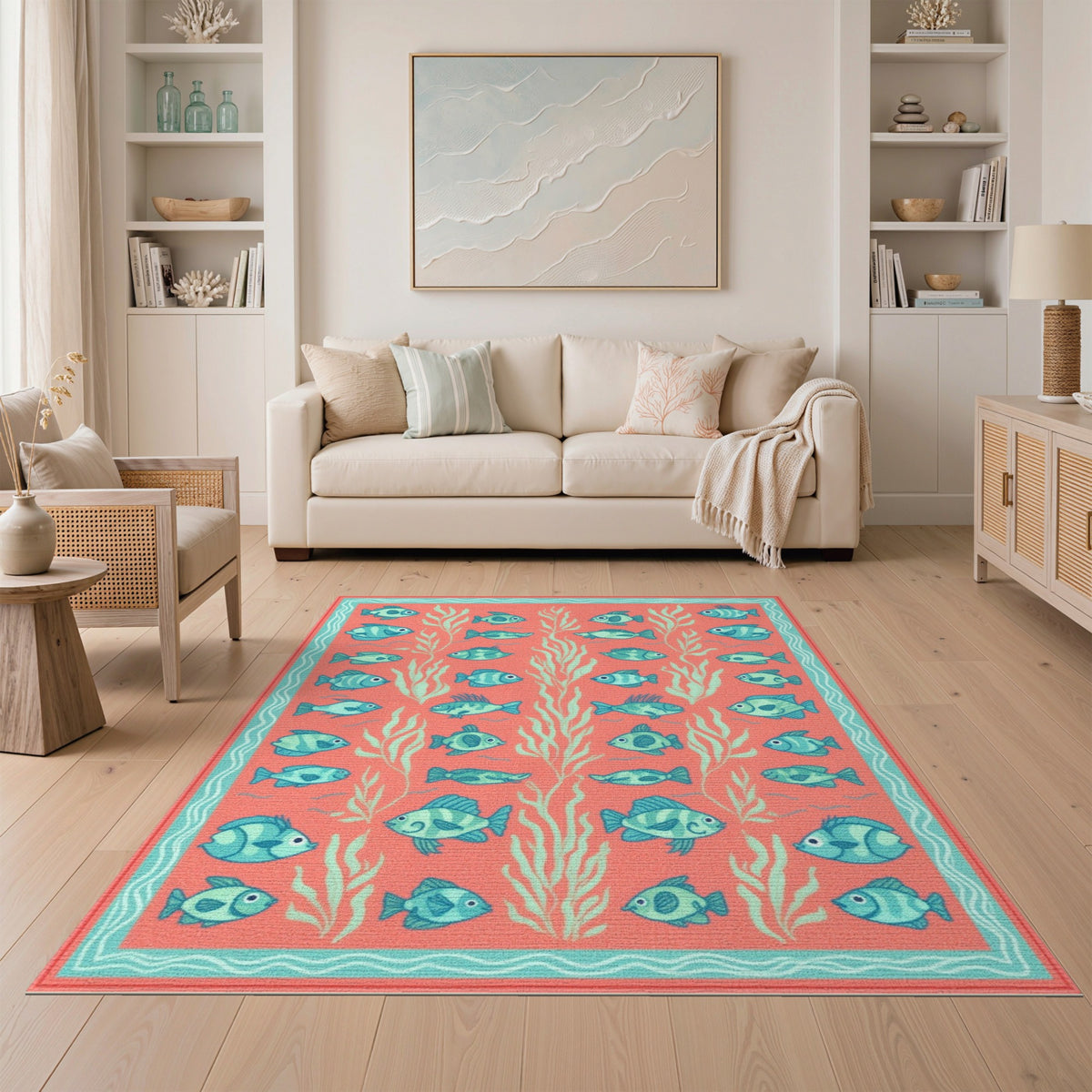 Blue Fish Coral Washable Area Rug