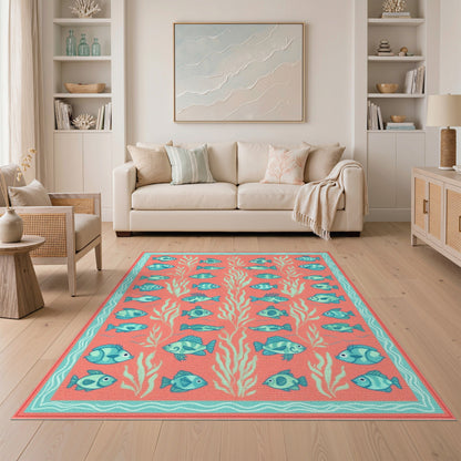 Blue Fish Coral Washable Area Rug