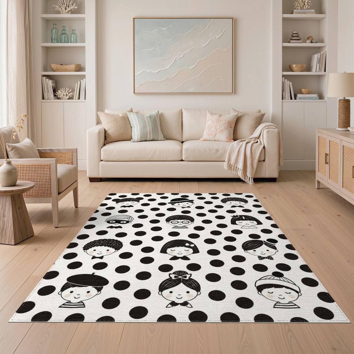 Black White Kids Cartoon Faces Washable Area Rug