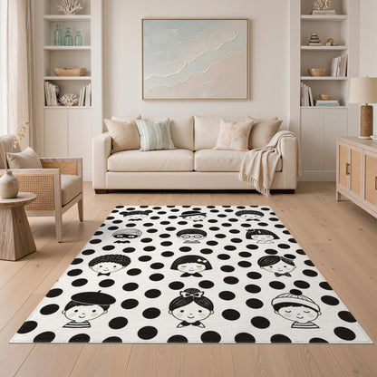 Black White Kids Cartoon Faces Washable Area Rug