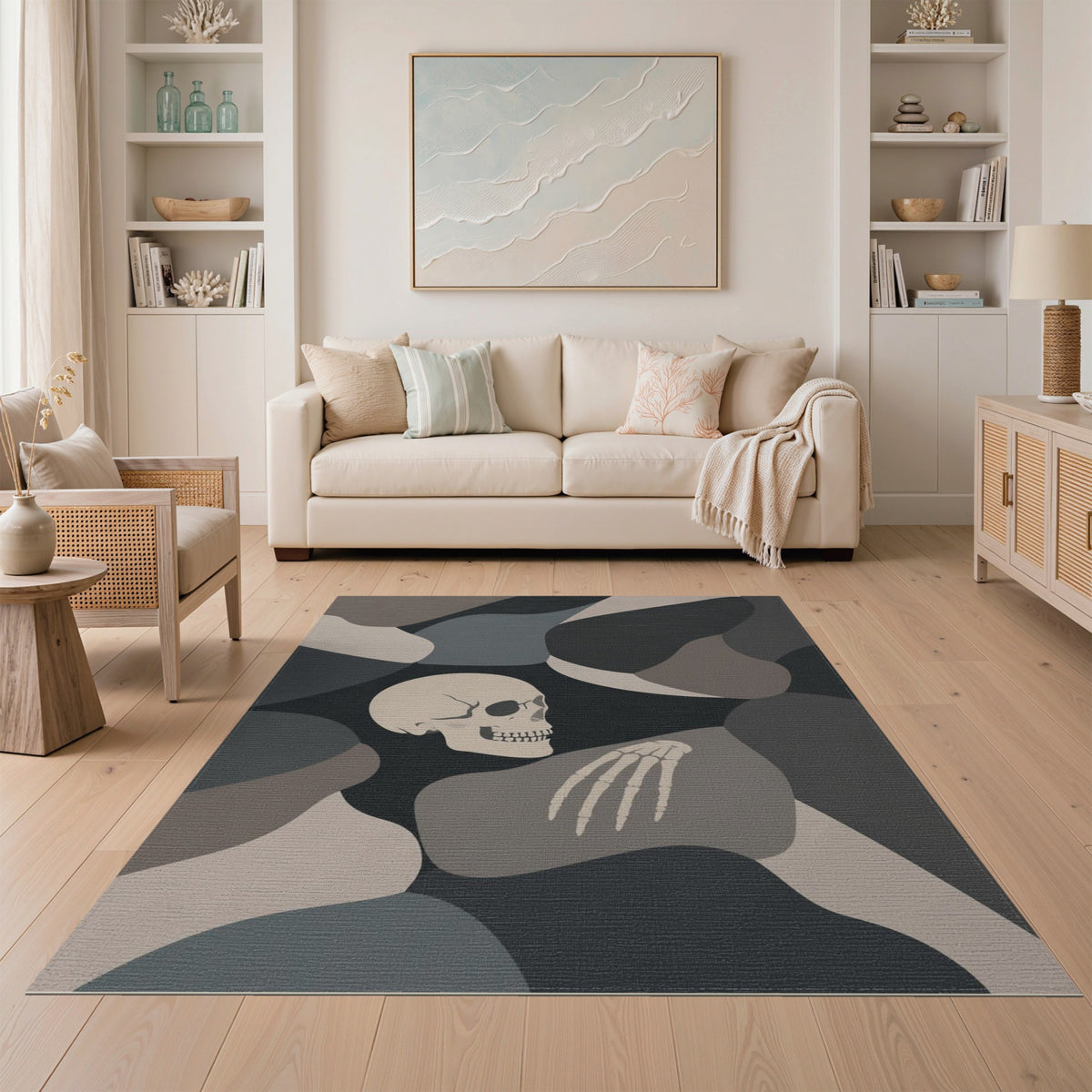 Grey Abstract Skull Skeleton Area Rug
