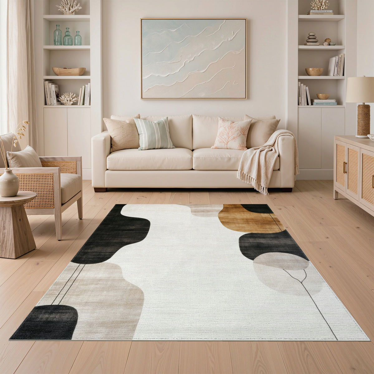 Abstract Organic Shapes Area Rug in Brown Tan