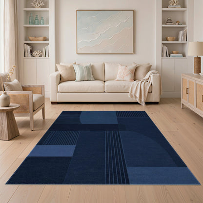 Navy Blue Geometric Block Blue and Teal Area Rug