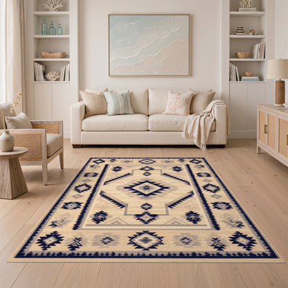 Beige and Neutral Navy Southwestern Geometric Area Rug