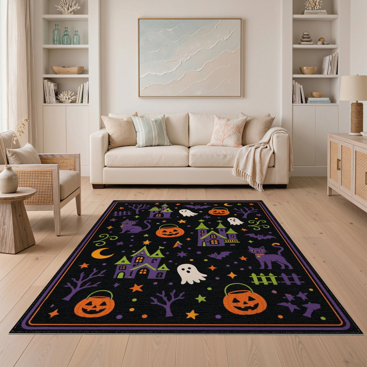 Kids Cartoon Multi-color and Patterns Spooky Halloween Cartoon Area Rug