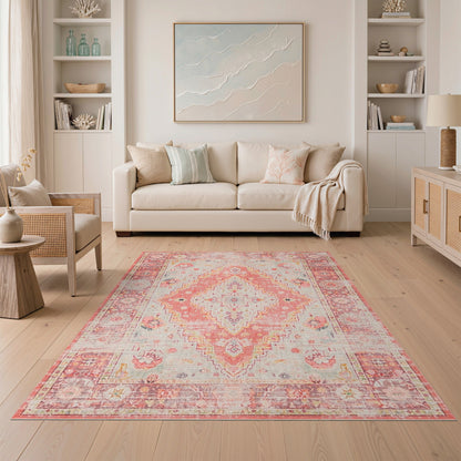 Distressed Vintage Medallion Pink Distressed Vintage Medallion Area Rug