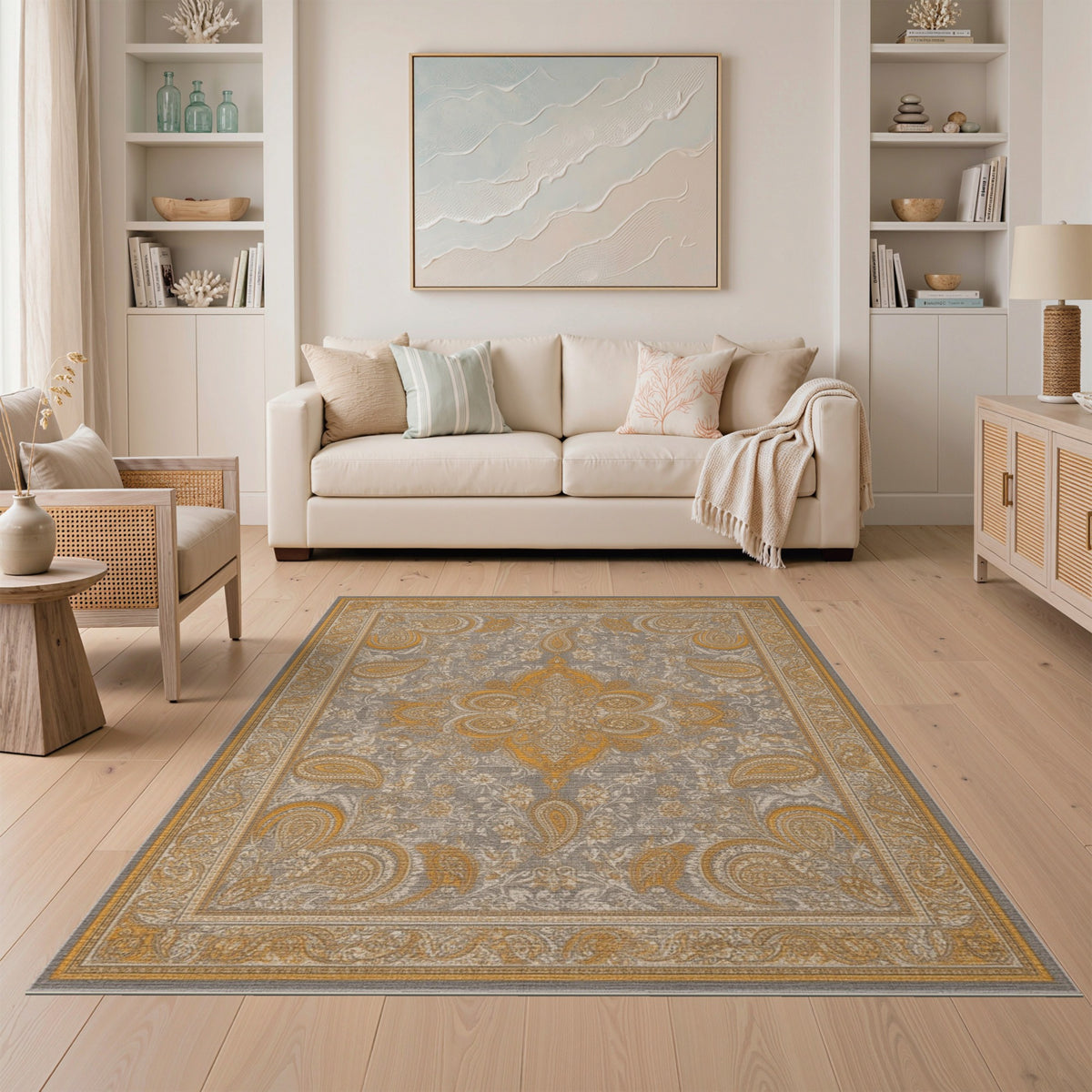 Grey Gold Medallion Paisley Area Rug