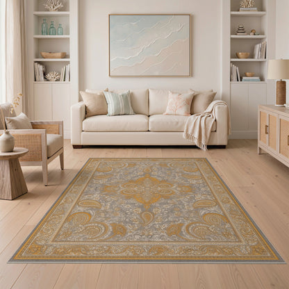 Grey Gold Medallion Paisley Area Rug