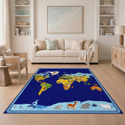 World Map Animals Kids Area Rug