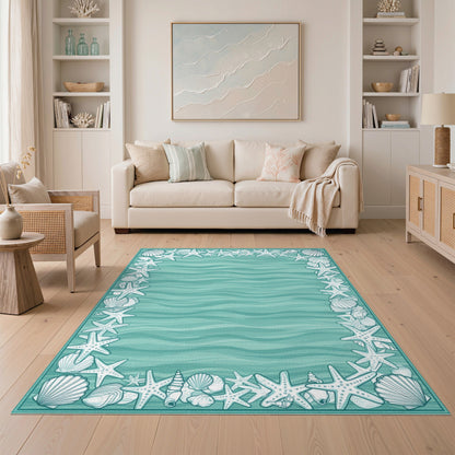 Blue and Teal Seashell Starfish Coastal Area Rug
