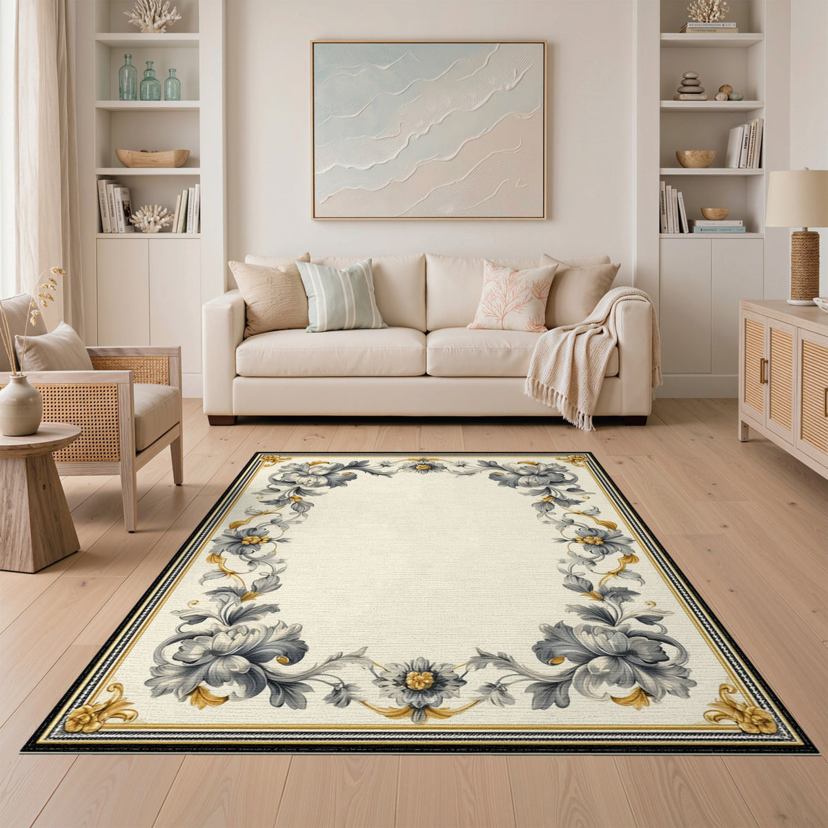 Grey Floral Vintage Border Washable Area Rug