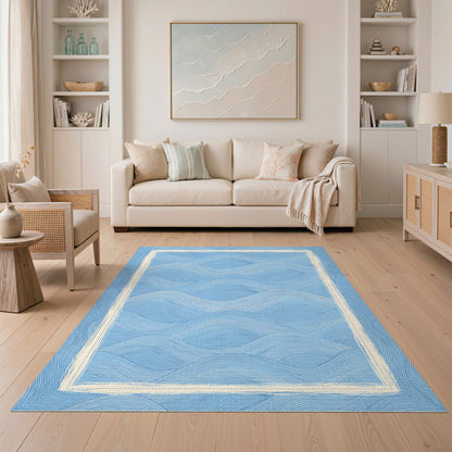 Coastal Beach Blue and Teal Blue Wave Coastal Washable Area Rug