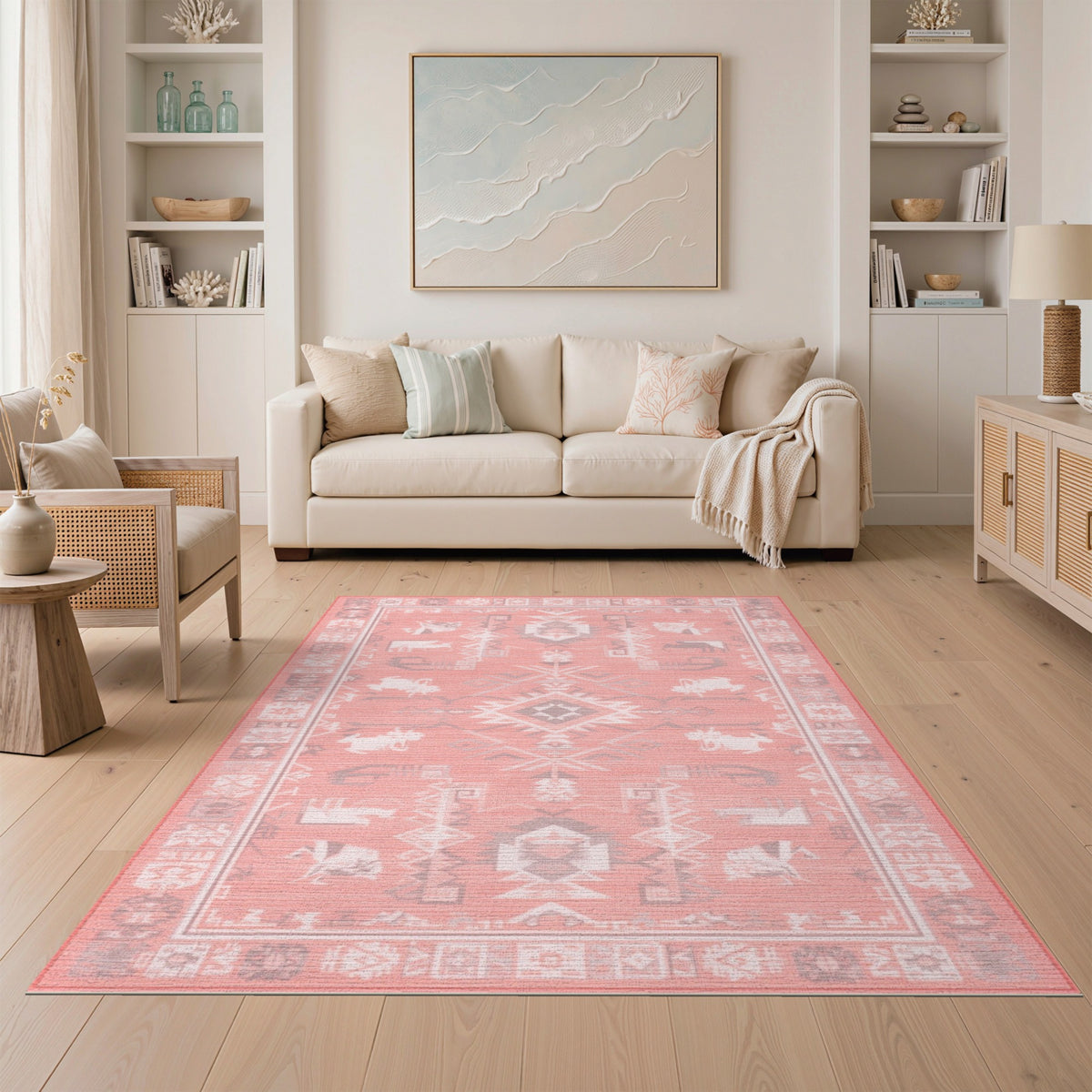 Pink Southwestern Area Rug with Tribal Animals
