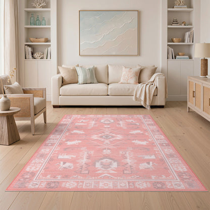 Pink Southwestern Area Rug with Tribal Animals