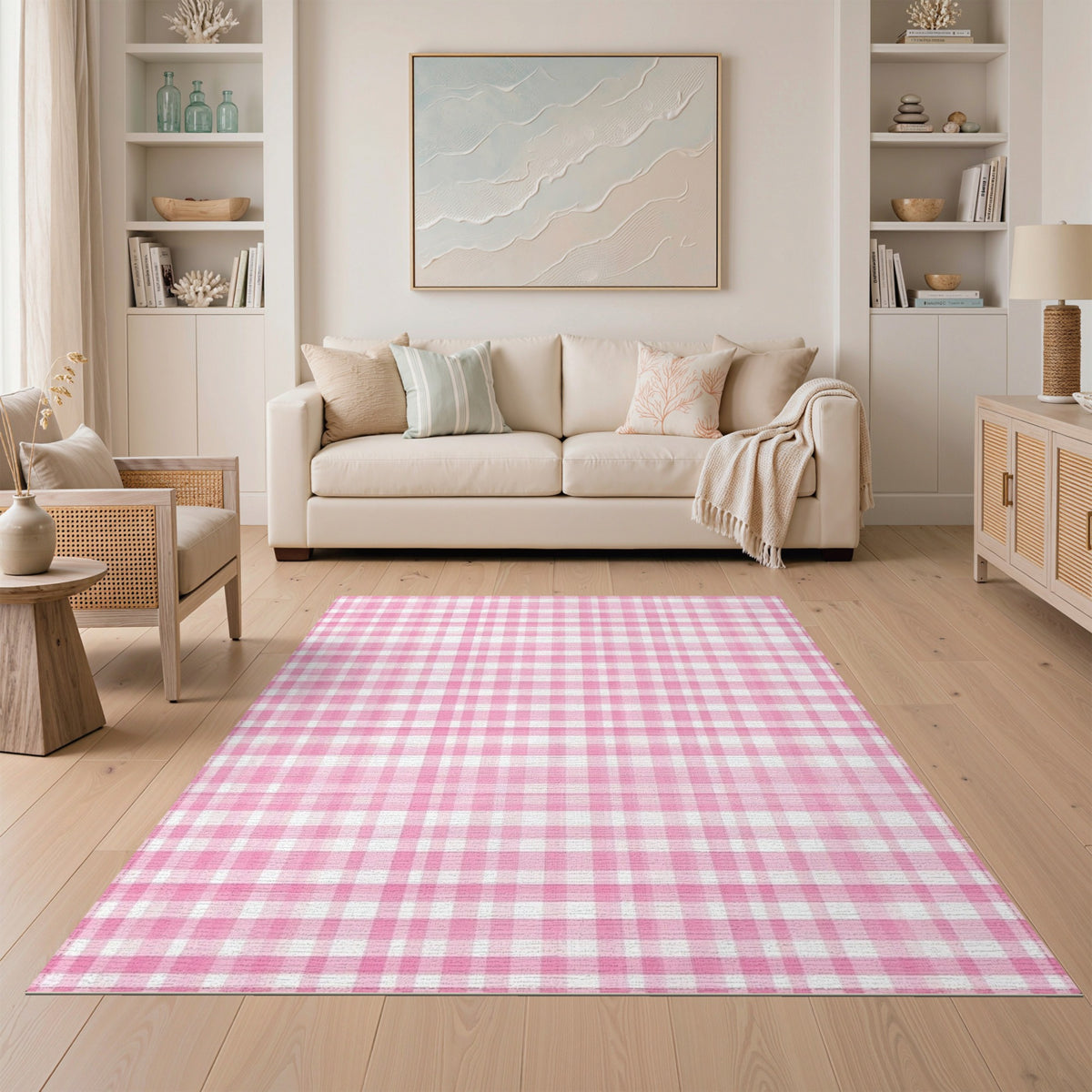 Geometric Modern Gingham Pink Gingham Checkered Washable Area Rug