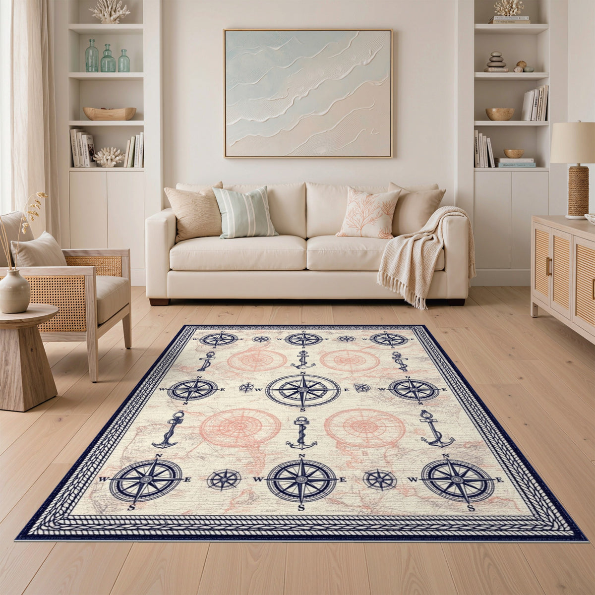 Distressed Vintage Blue and Teal Vintage Nautical Compass Area Rug