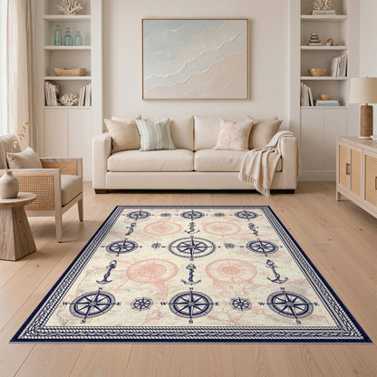 Distressed Vintage Blue and Teal Vintage Nautical Compass Area Rug