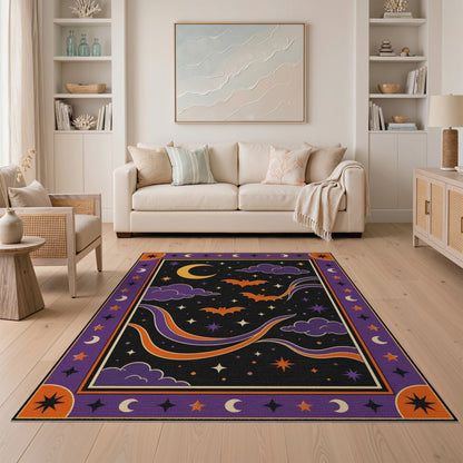 Purple Bats Crescent Moon Kids Area Rug
